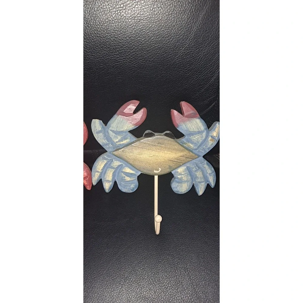 Red Steamed Crab & Blue Wooden Crab Wall Hooks Set of 2